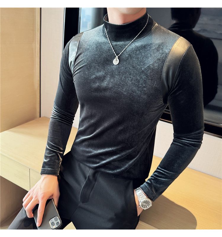Abbigliamento maschile T-shirt a maniche lunghe elastica con collo alto e mezza pelle testurizzata da uomo, sottile, in velluto, con colletto medio, aderente, abiti autunnali_voghion.com
