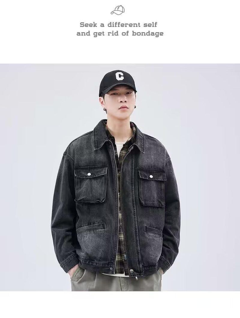 Jaqueta jeans masculina desgastada, casaco de trabalho unissex oversized com bolsos laterais – preto e cinza (M-4XL)_voghion.com