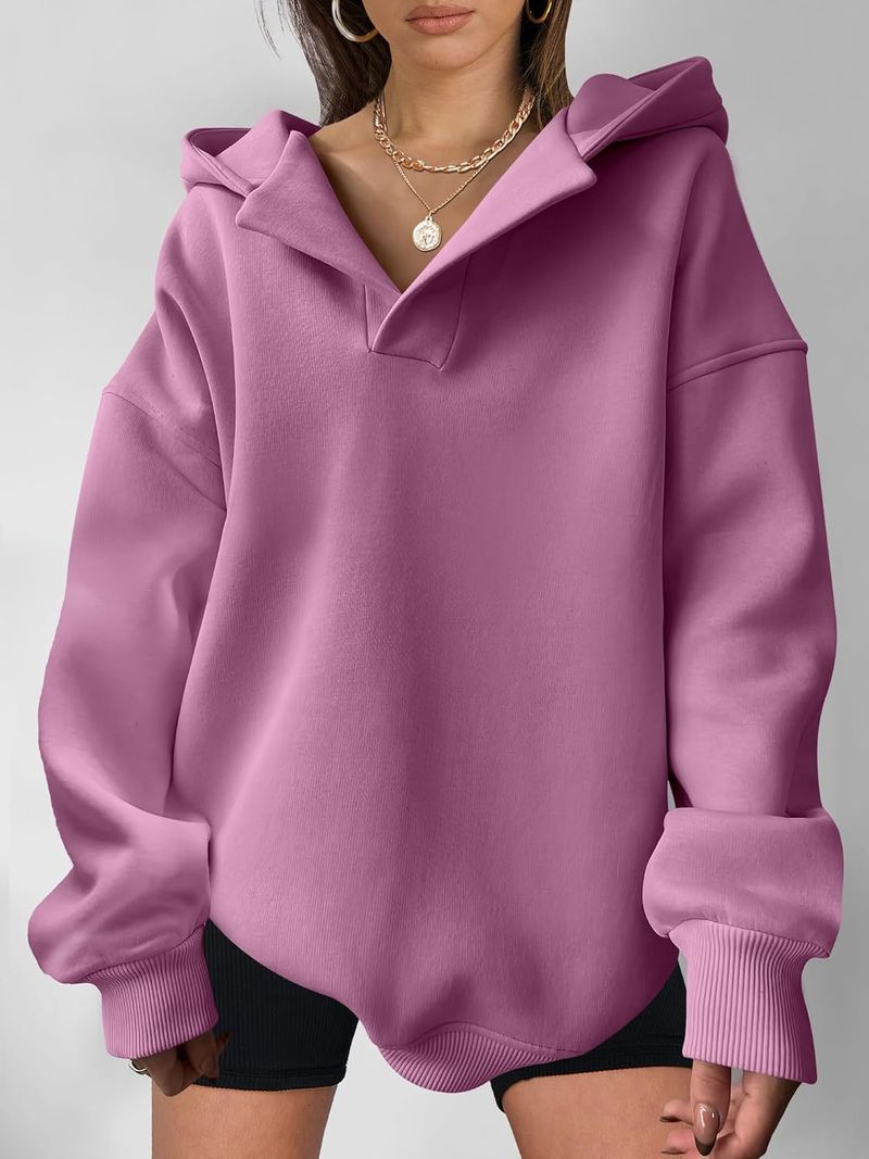 Women's Clothing Sweatshirt Solid Color Long Sleeve Hooded Solid Color Loose Sweater Women's Top_voghion.com
