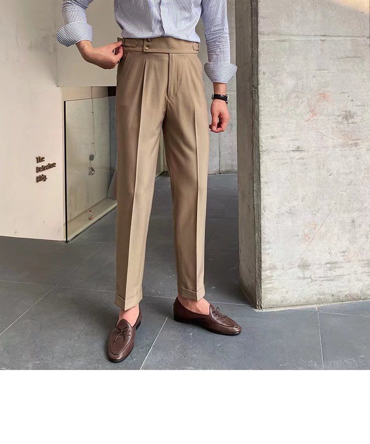 Herrenbekleidung Einfarbige Neun-Punkt-Hose mit hoher Taille Temperament Lässige Business-Hose mit italienischen Pariser Knöpfen Herrentrend_voghion.com