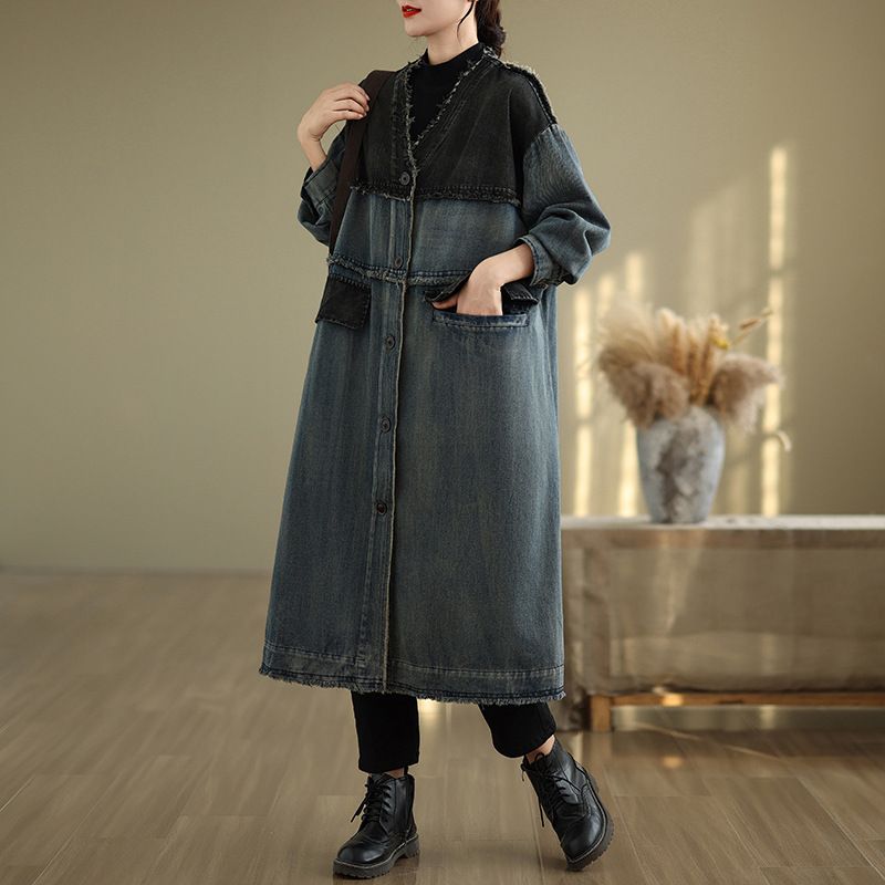 Cowboy Trenchcoat Dam Höst- och vintern Ny koreansk version Kontrastfärgad V-ringad lös överdimensionerad casualjacka_voghion.com