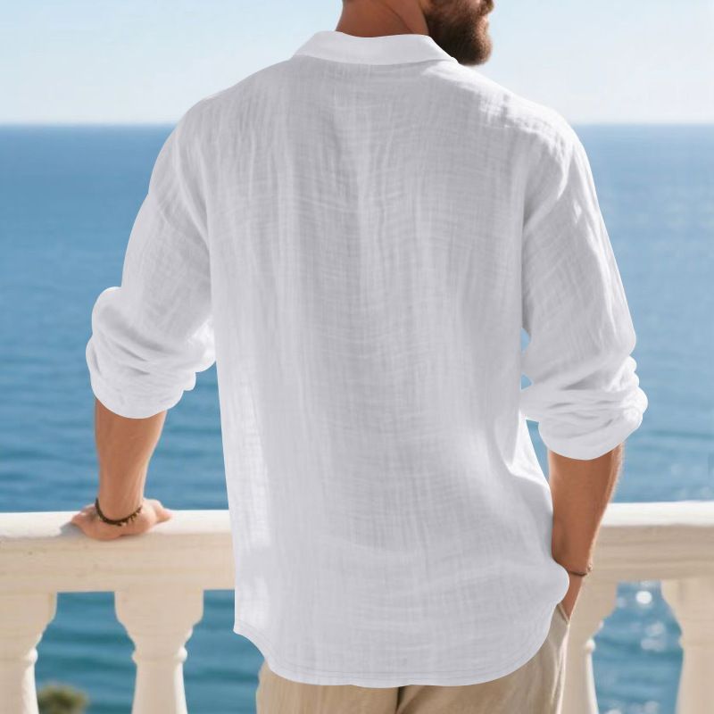 Herren-Leinenhemd mit Knopfleiste – Relaxed Fit Langarm-Polo mit Stehkragen (S-XXXL, atmungsaktiv und knitterfrei, Marineblau/Schwarz/Khaki)_voghion.com