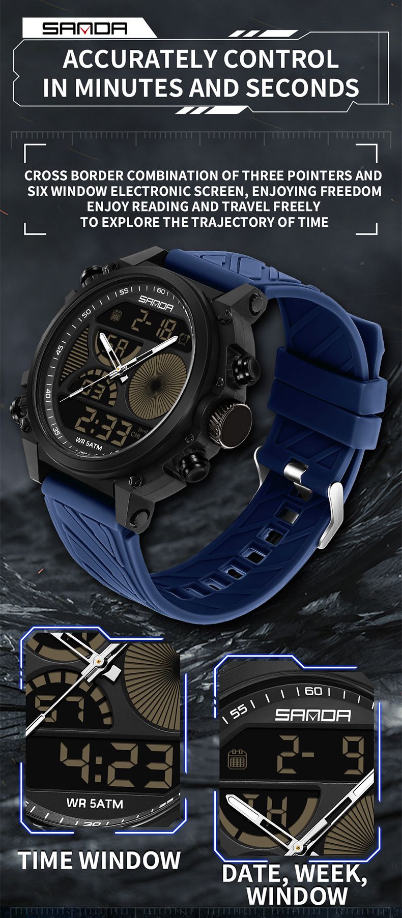 Men's Sports Watch With Dual Display, Luminous Hands, 50m Waterproof, Alarm, Stopwatch, Week & Date Outdoor Activities Dual Display Electronic Watch_voghion.com