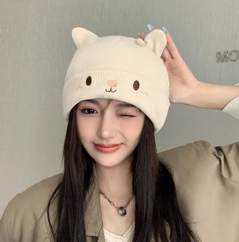 Cappello da donna con orecchie di gatto, lavorato a maglia coreano in lana per maternità, post-parto, caldo e carino_voghion.com
