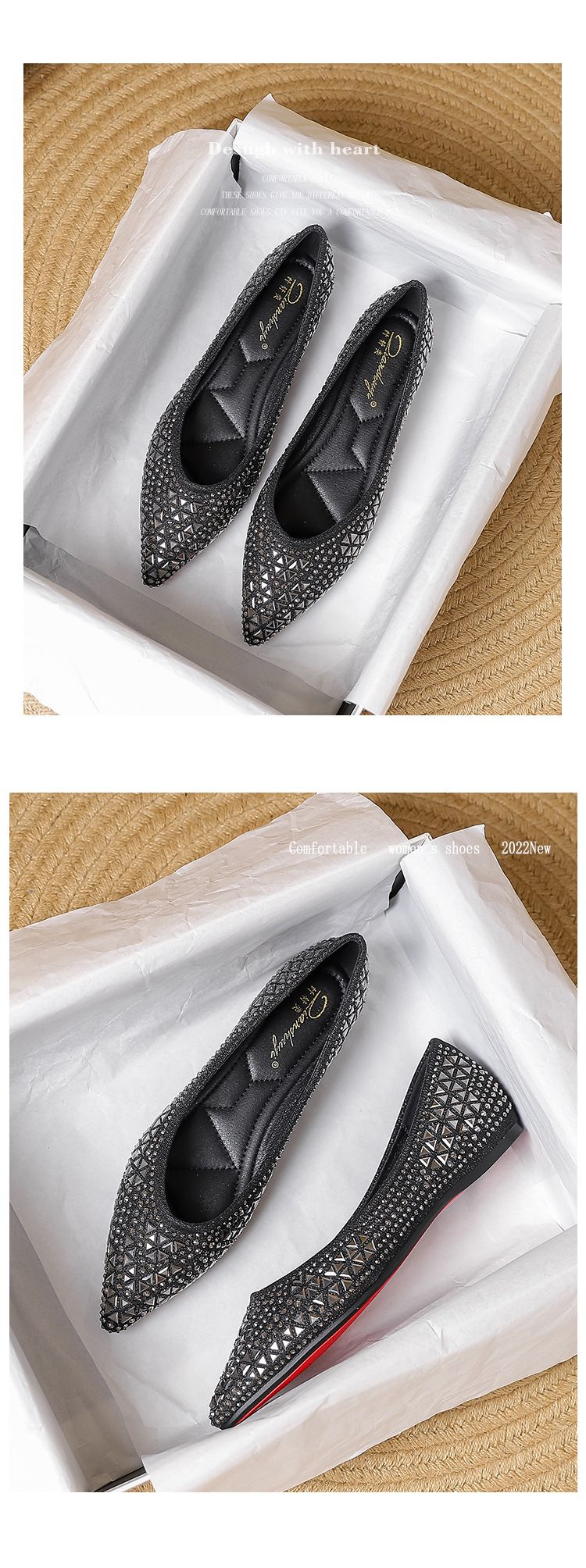 French pointed shallow mouth single shoes rhinestone thick heel flat floating temperament women's shoes_voghion.com