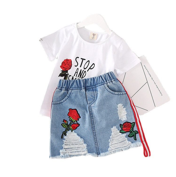 Abbigliamento per bambini Moda per ragazze Maglietta a maniche corte con rosa ricamata Gonna in denim Abbigliamento per bambini Set due pezzi_voghion.com