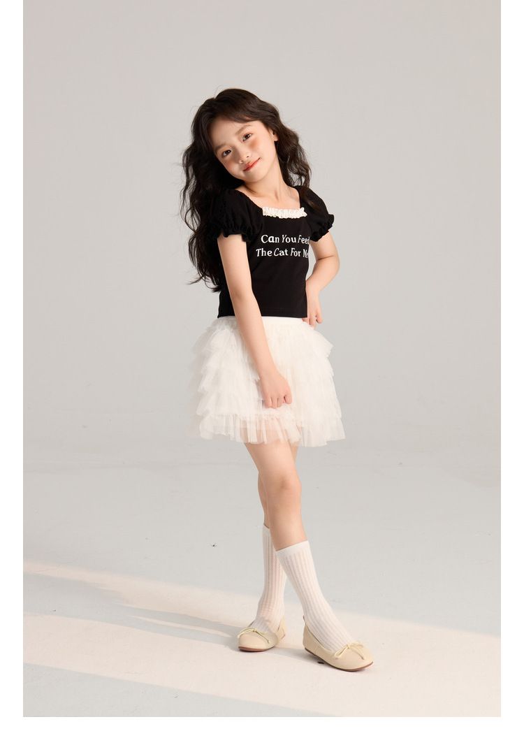 Ropa para niños Verano Nuevo Simple Transpirable Letra Estampado Casual Encaje Mangas cortas_voghion.com
