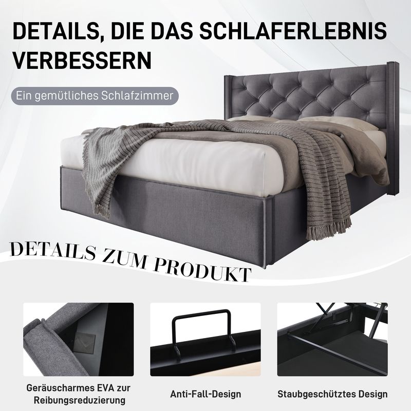 Cadre de lit coffre hydraulique avec sommier à lattes, lit double rembourré moderne 140 x 200 cm, tissu coton, gris, structure en métal_voghion.com
