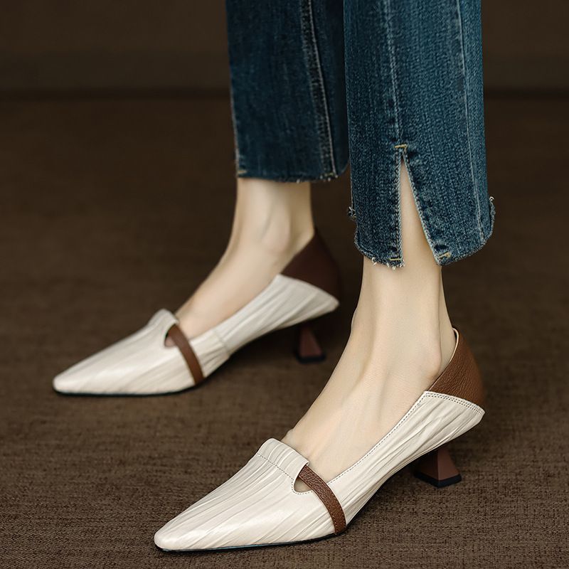Paris Encounter~ Elegant Pointed Toe Color Block Slip-On Shoes For Women Shallow Mouth Cat Heel High Heels_voghion.com