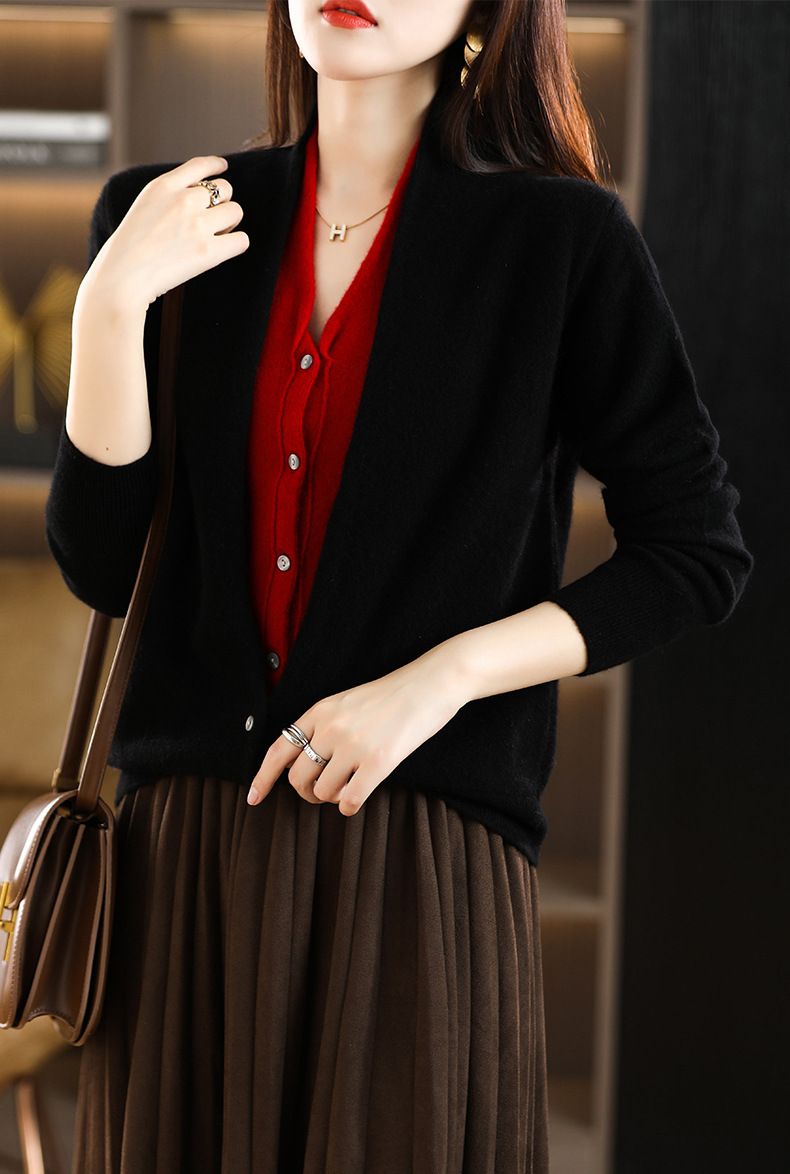Nuovo cardigan in cashmere con scollo a V da donna, giacca in lana color block in due pezzi, top largo rosso anno zodiacale per_voghion.com