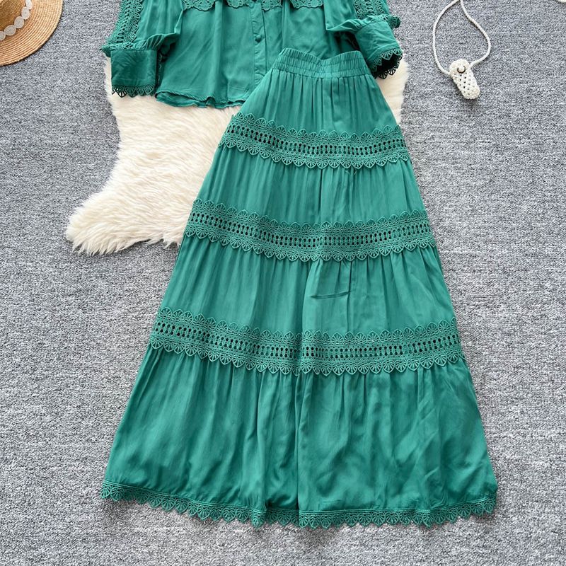 Damenbekleidung Palaststil Hohlhaken Blume Licht Reife Schwester Anzug Weiblicher Sommer Langarmhemd Elastische Taille Langer Rock_voghion.com