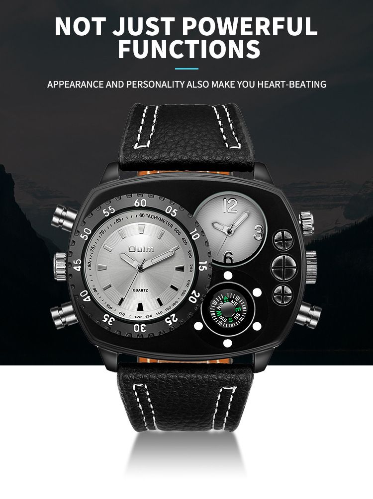 Men's Dual Time Zone Fashion Watch With Compass Design, Large Square Dial, Genuine Leather Strap, Singapore Quartz Movement Luxurious Gift_voghion.com
