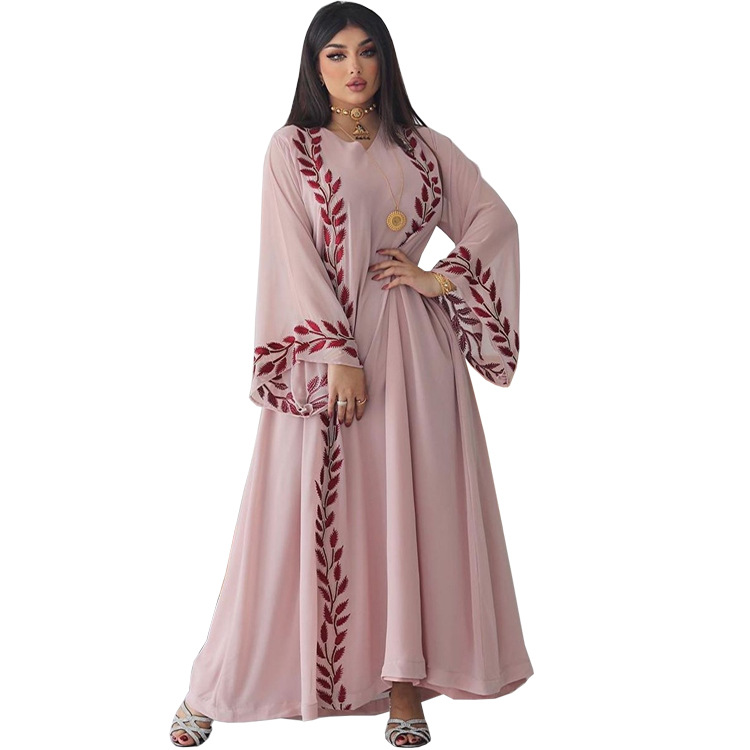 Damenmode Street Chiffon langes muslimisches besticktes rosafarbenes Rundhalskleid mit Hijab_voghion.com