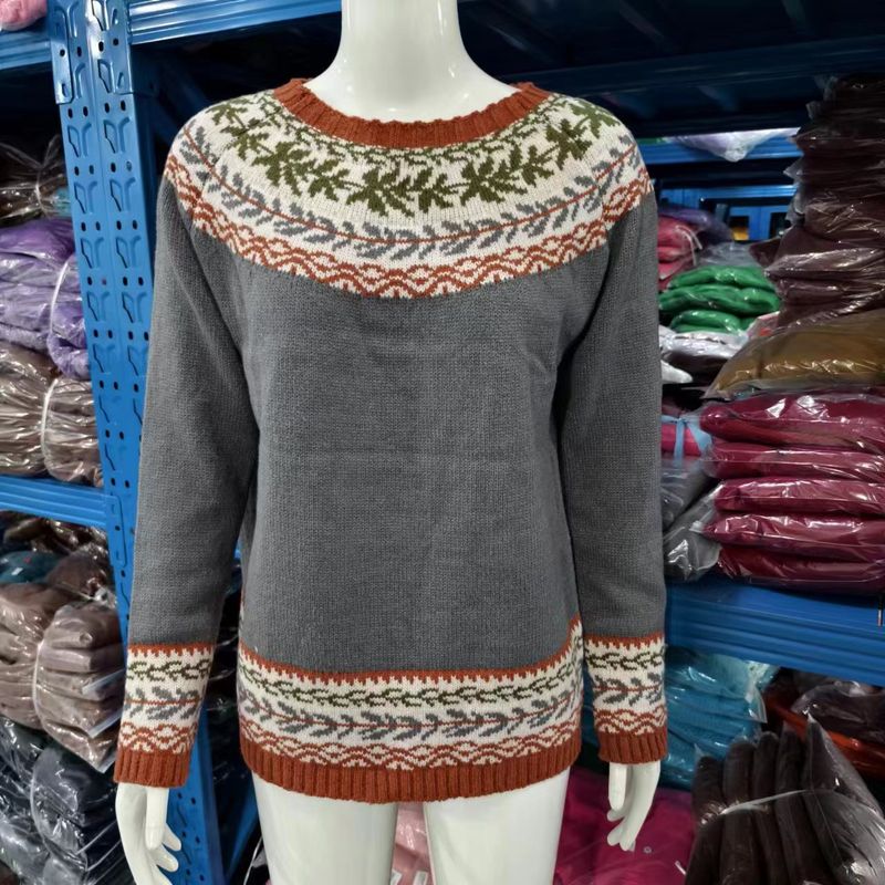Damenbekleidung, modischer Strickpullover mit Rundhalsausschnitt, Farbblock, lockere Passform, lässige Oberteile_voghion.com