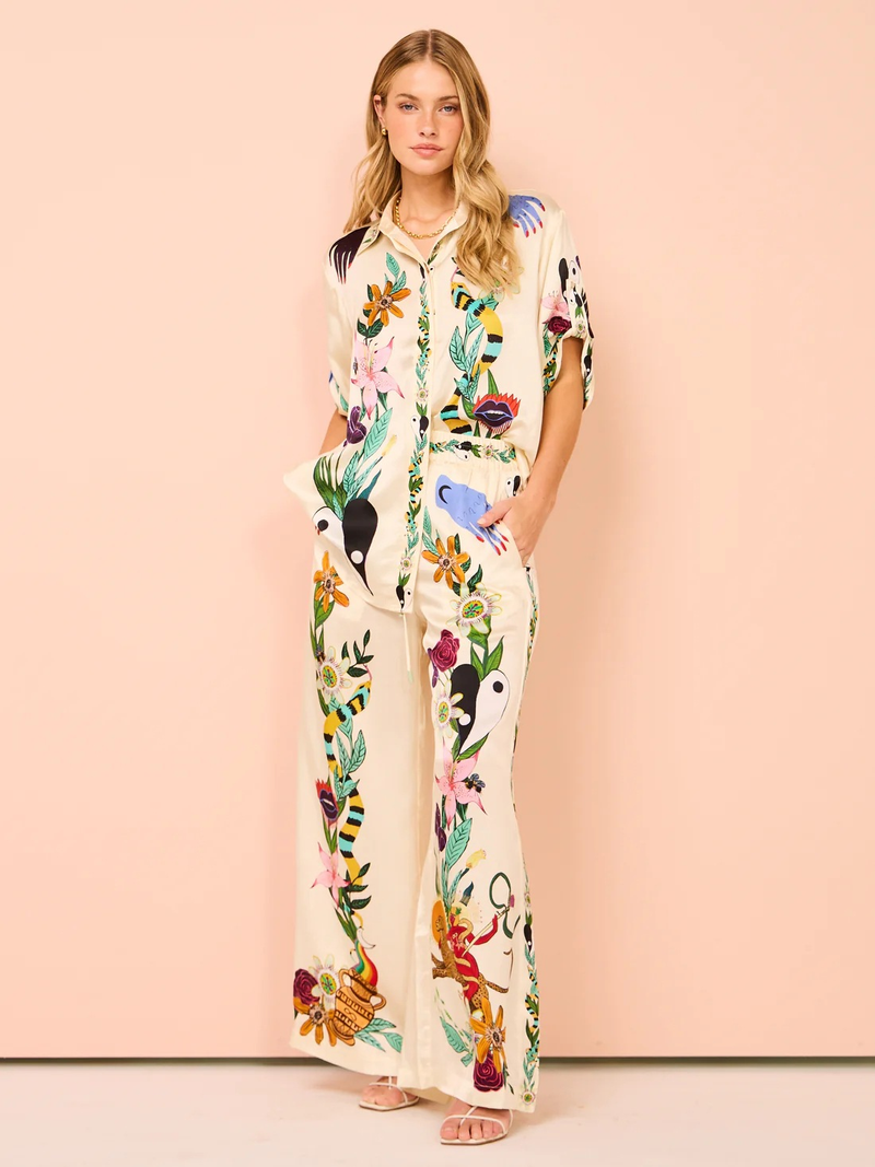 Abbigliamento da donna, camicia a maniche corte temperamento stampato in raso + pantaloni, set di due pezzi_voghion.com