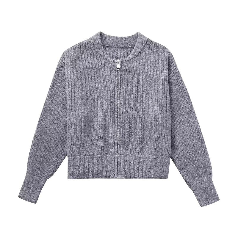 Damen-Strickbomberjacke mit Reißverschluss – stylische, lässige Strickjacke mit Baseballkragen, leichte Polyestermischung, lockere Passform für den Frühling (Schwarz/Grau/Beige_voghion.com