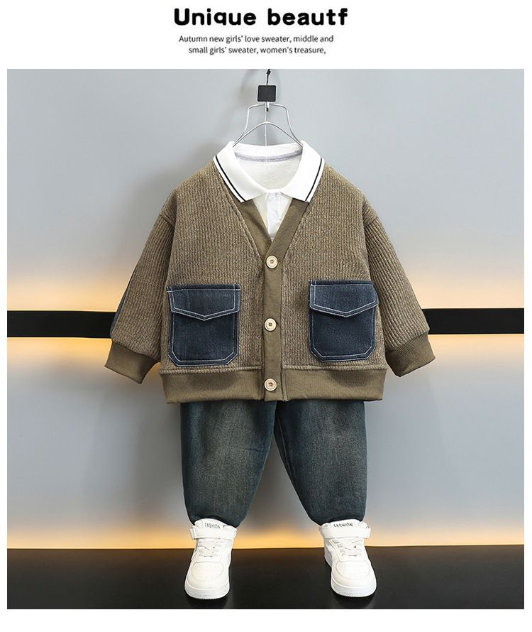 Outfit primavera autunno 2025 Nuovi vestiti alla moda per bambini con colletto rovesciato e patchwork di denim per ragazzi casual_voghion.com