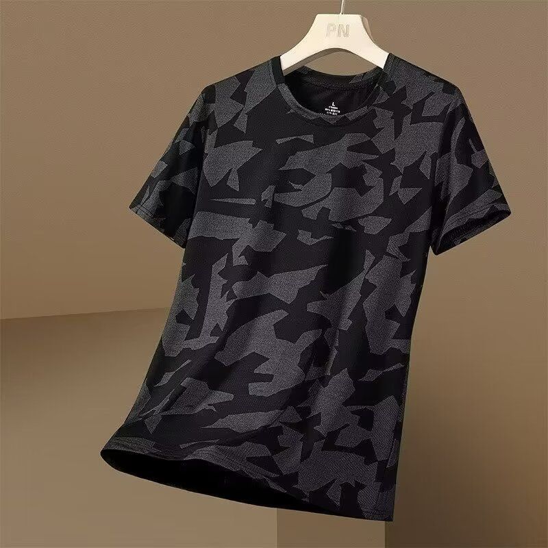 Herrenbekleidung Neues Sommer-T-Shirt aus Eisseide mit kurzen Ärmeln für Herren, dünne Camouflage, lockerer Rundhalsausschnitt, schnelltrocknend, strapazierfähiges T-Shirt für die Arbeit auf der Baustelle_voghion.com