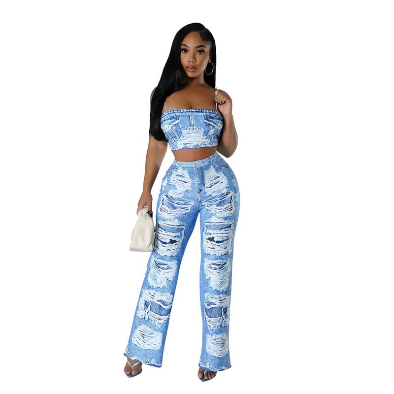 Conjunto de top corto sin mangas y pantalón acampanado: conjunto estampado de dos piezas para mujer_voghion.com