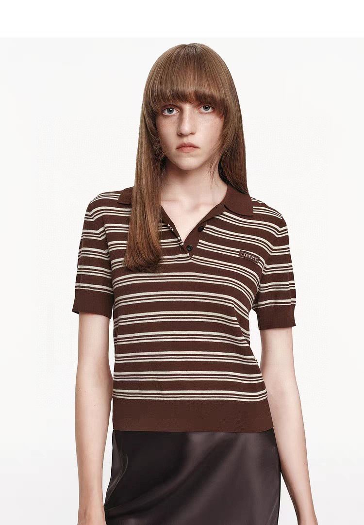 Women's Sweater 2025 Autumn New Striped Polo Collar Lightweight Wool Blend Knitted Top_voghion.com