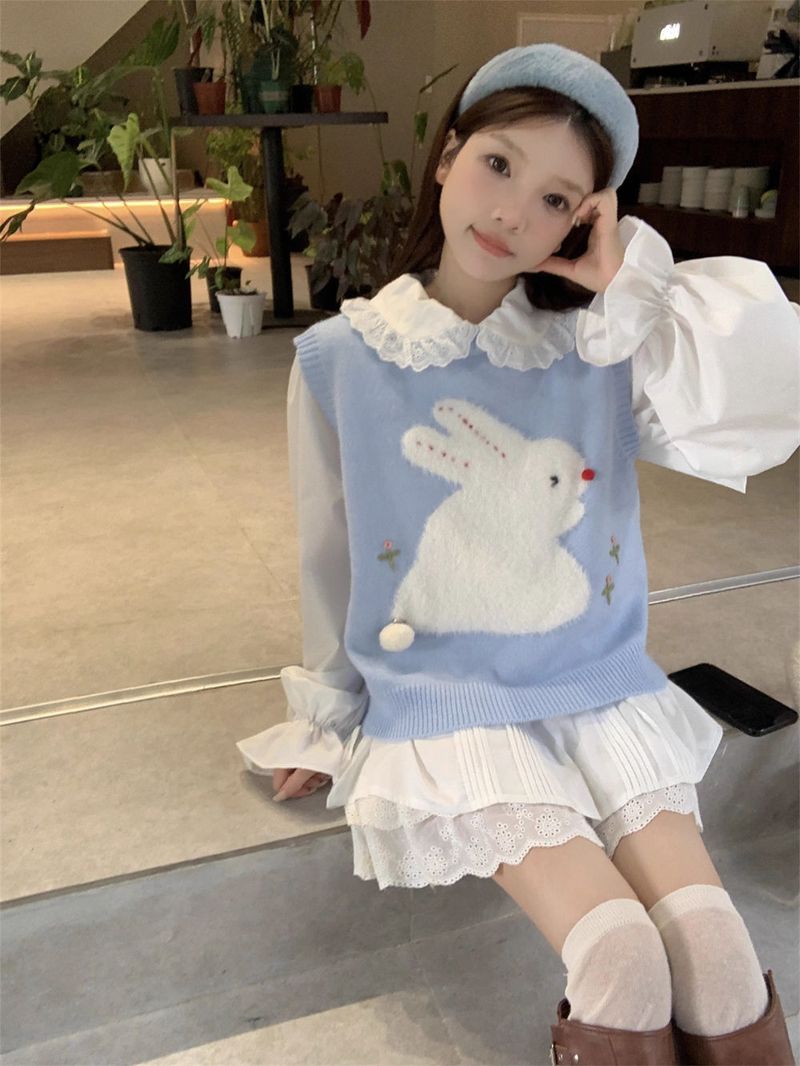 Sweet Rabbit~Cute Reduced Age Rabbit Jacquard Stacked Vest with Three Dimensional Plush Ball Decoration Exterior Top_voghion.com