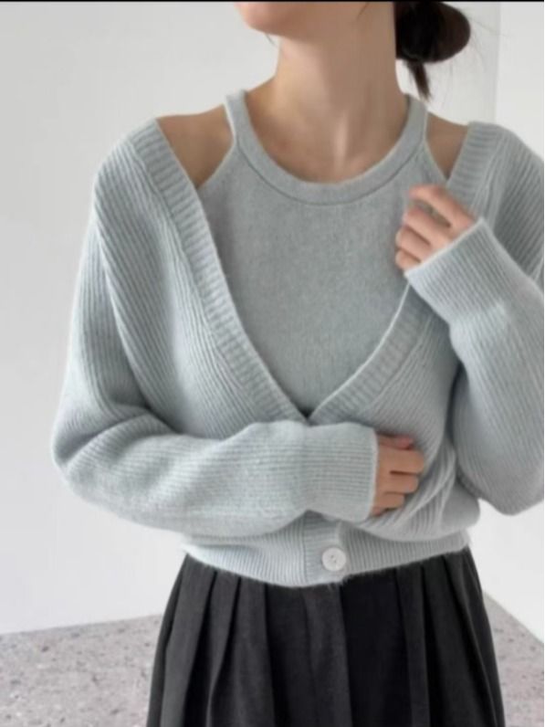 Lazy Knit Cardigan Set Damen Zweiteiliger V-Ausschnitt Langarm Pullover mit offener Vorderseite und Trägerweste_voghion.com