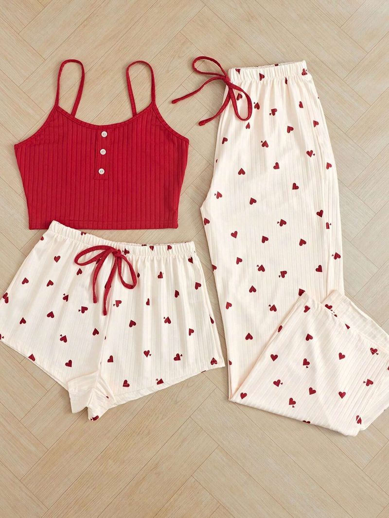 Women's Clothing Three Piece Home Clothes Striped Heart Printing Casual Vest Pajamas Suspenders And Short Pants Suit_voghion.com