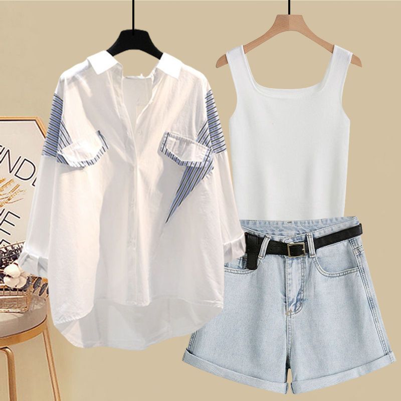 Ropa de mujer, tallas grandes, trajes de verano para mujer, novedad de 2024, camiseta con protección solar, chaleco, pantalones cortos vaqueros ajustados que combinan con todo, traje de tres piezas_voghion.com