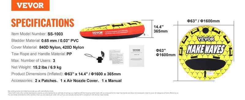 VEVOR Towable Tube For Boating, 1-3 Riders Inflatable Boat Tubes And Towables, 510 Lbs, 63" Round Water Sport Towable Tubes For Boats To Pull, Full Nylon Cover, EVA Grab Handles And Speed Safety Valve_voghion.com