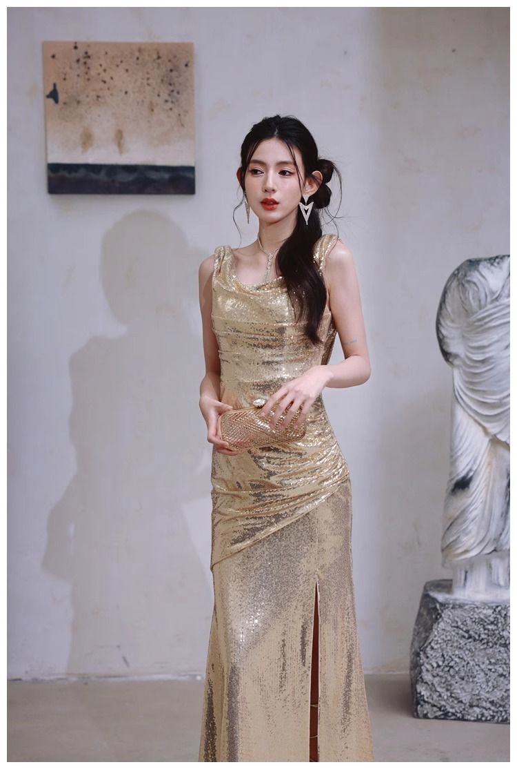 Damenbekleidung Gold Abendkleid Nischen Swing Kragen Rückenfreies Kleid Pailletten Party Lang Schmal Schlitz Laufsteg Kleid Rock_voghion.com