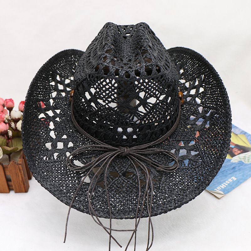 Hand-woven hollowed-out horseflower beach sunshade hats for men and women with cuffed cowboy hats_voghion.com