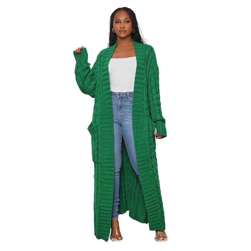 Damenbekleidung Locker gestrickte Strickjacke, gemütliche, übergroße Strickjacke mit Taschen, langer Zopfmuster-Pullovermantel, lockerer Boho-Chic, offene Vorderseite_voghion.com
