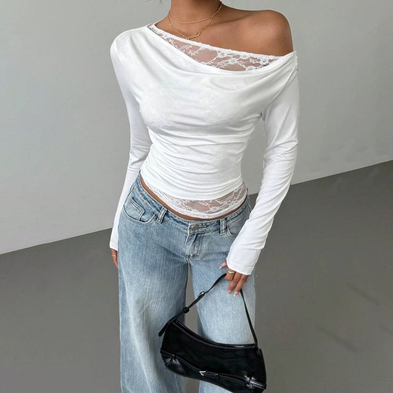 Women's Clothing Spring And Summer New Hot Style Shoulder Lace Splicing Long Sleeved Slim Fitting T Shirt_voghion.com
