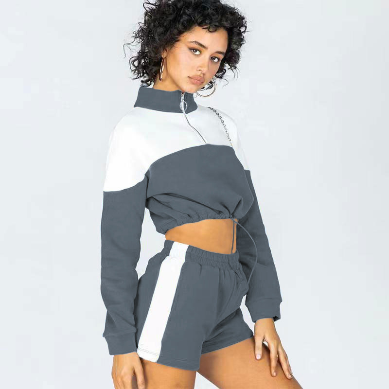Women's Clothing color-blocked drawstring casual shorts women's sweatshirt set two-piece set_voghion.com