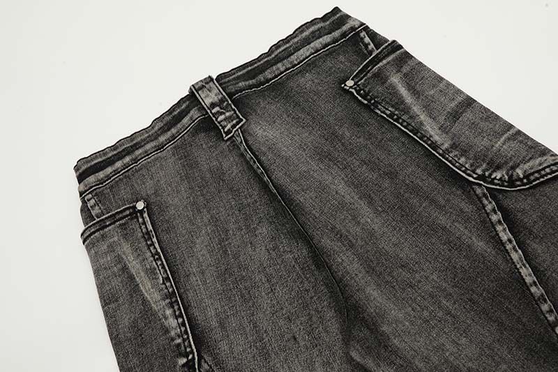 Jeans cargo patchwork effetto consumato da uomo e da donna – Pantaloni in denim oversize a zampa con orlo grezzo (S-L, nero)_voghion.com