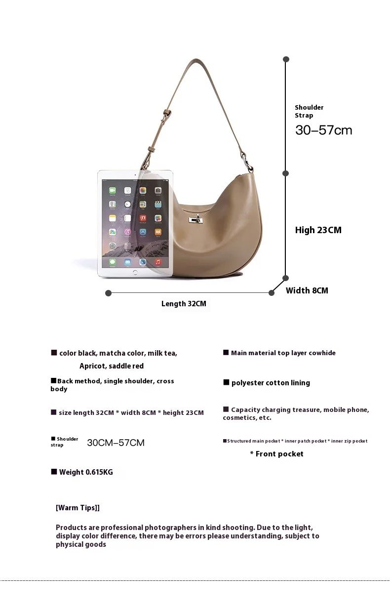 Sac à main Hobo en cuir véritable pour femme, design classique Crescent, grande capacité, bandoulière_voghion.com