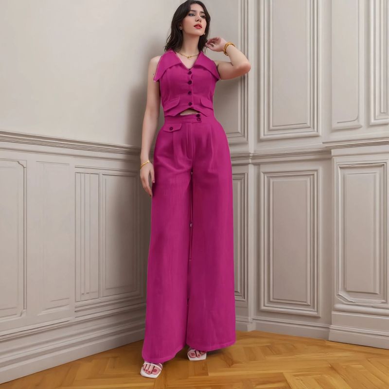 2025 Summer New Women's Solid Color Sleeveless Top Waist-Cinching Two-Piece Casual Long Pants Set_voghion.com
