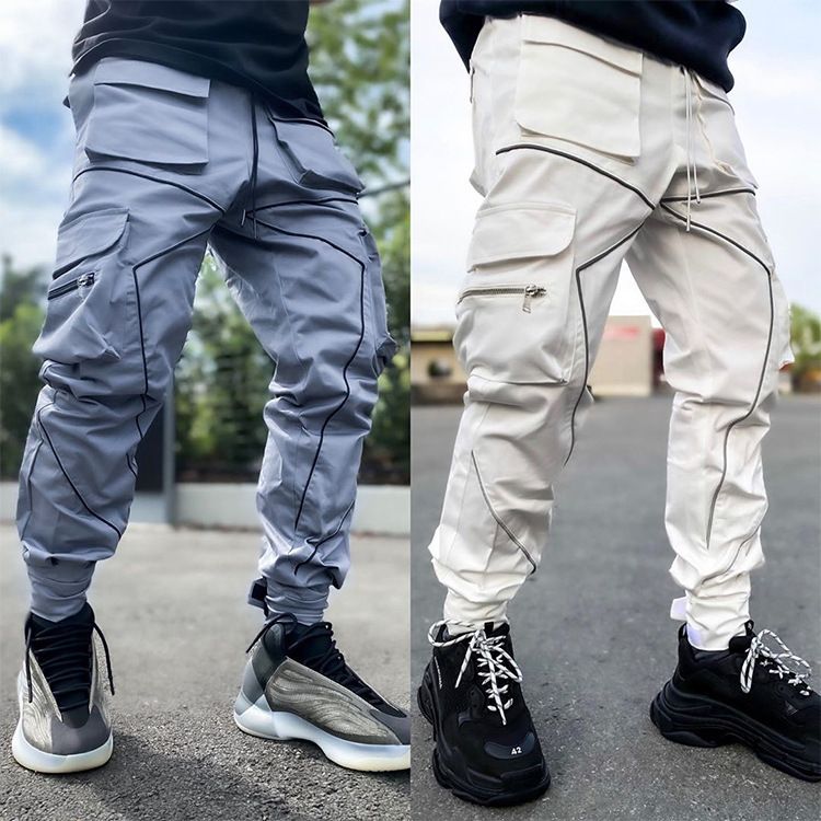 Men's casual Korean version trendy brand plus size straight leg work men's personalized multi pocket reflective sports_voghion.com