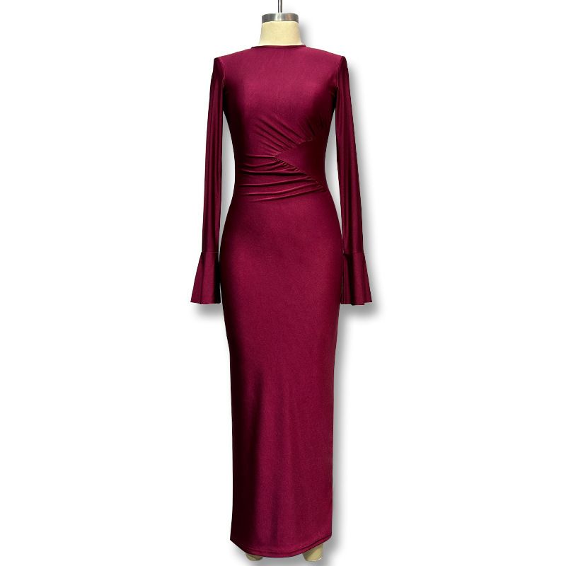 Women's Clothing Flared Sleeve Bodycon Dress - Elegant High Waist Ruffle Midi Dress With Round Neck_voghion.com