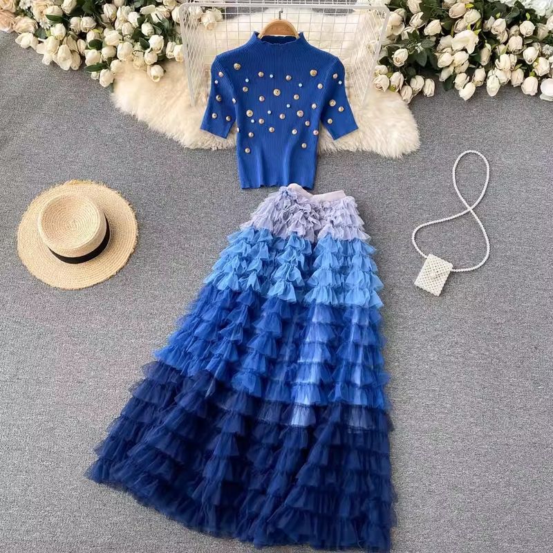 Haut tricoté à perles lourdes pour femmes, coupe cintrée, haut court en maille, jupe mi-longue, ensemble deux pièces_voghion.com