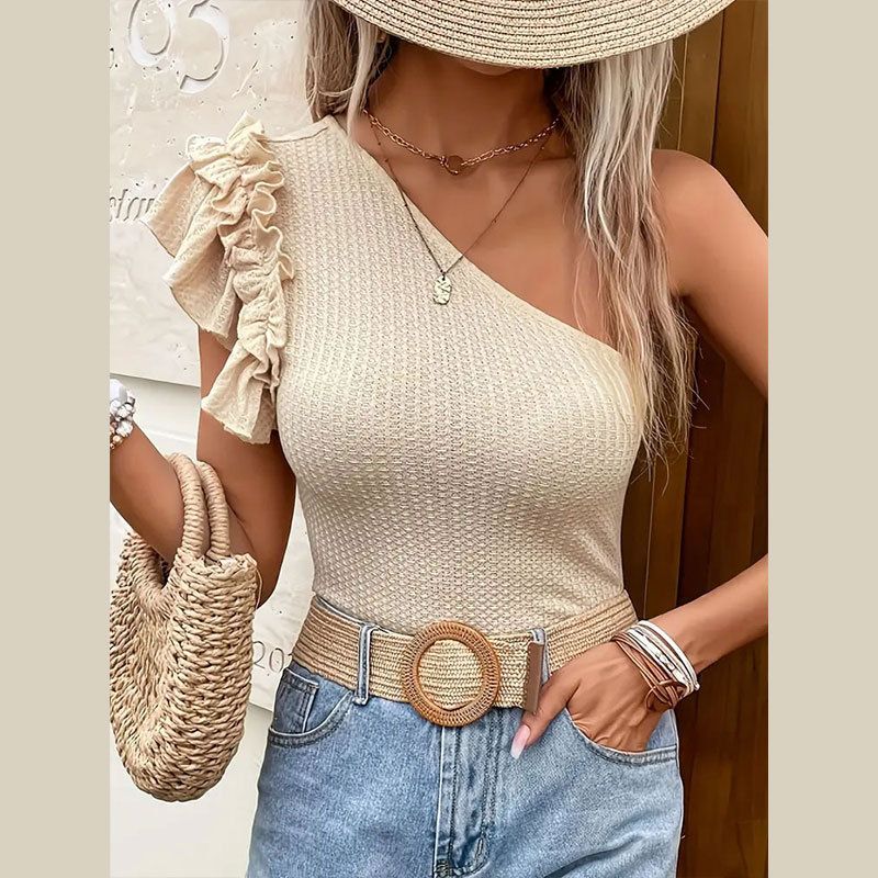 Frauen Kleidung elegante urlaub stil lotus blatt rand schräge schulter textur gestrickte weste ärmellose_voghion.com