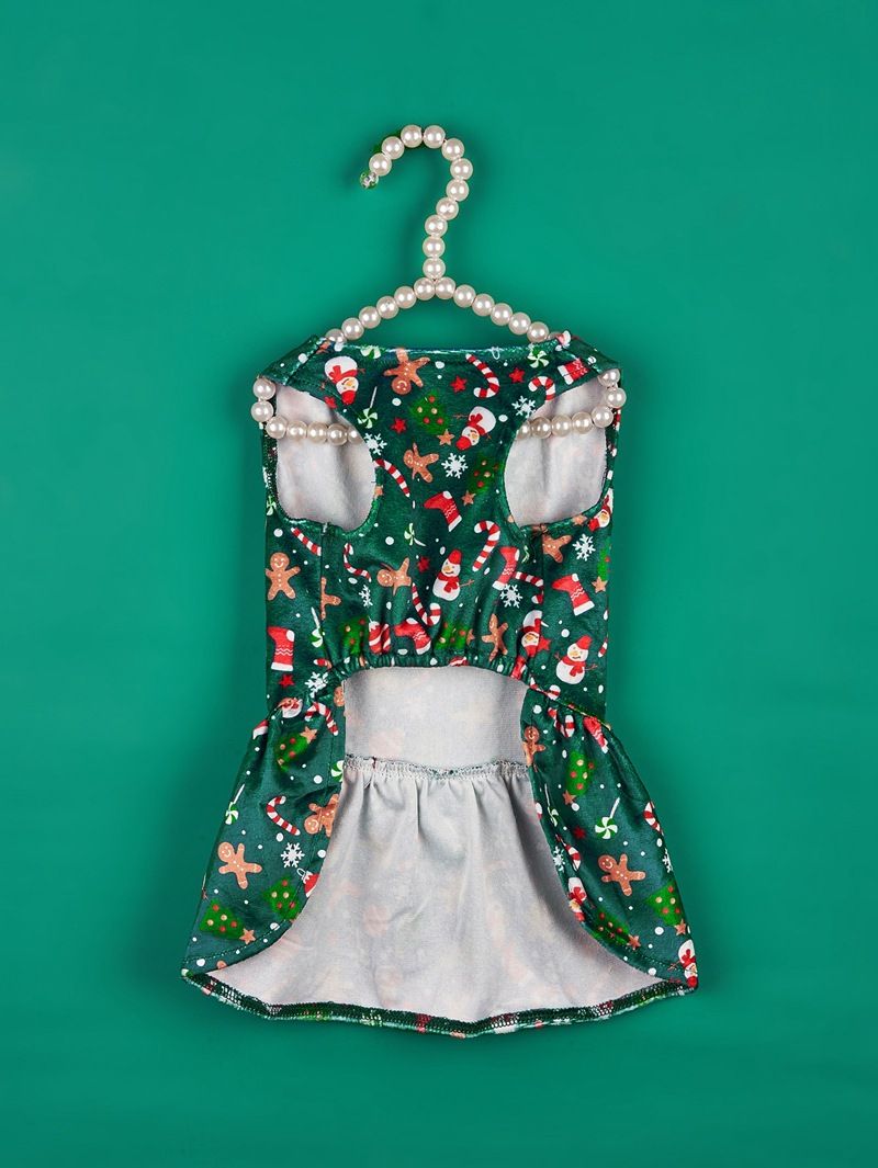 Weihnachtskatzenkleid mit Schleife und Weihnachtsdruck, Teddykleid, Hunderock, Haustier-Prinzessinnenkleid_voghion.com
