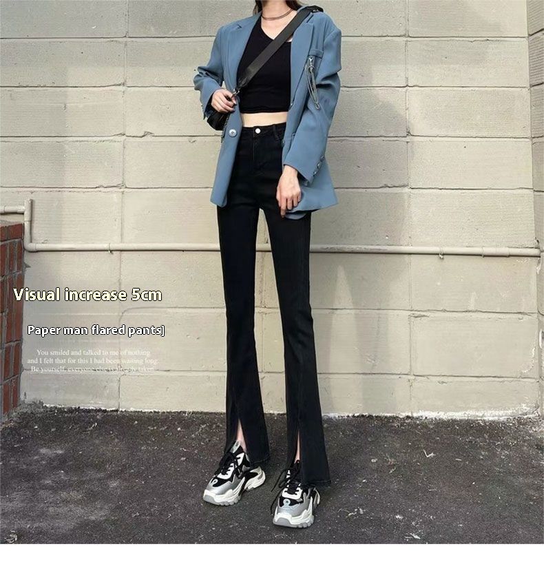 Black high waisted jeans for women, 2021 autumn new style, slim and wide leg, floor hugging split micro flared pants_voghion.com