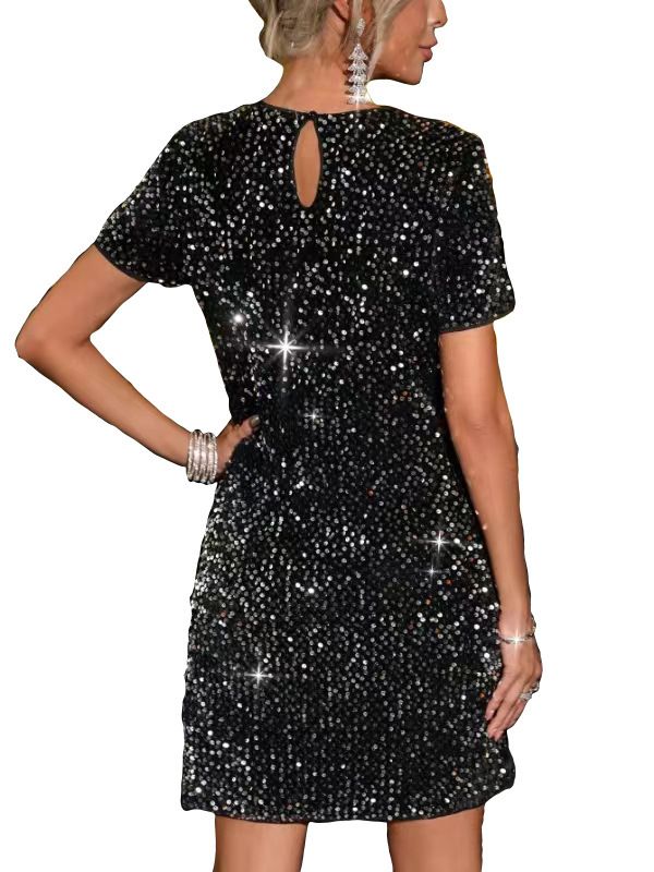 OM10244 Abito da sera a maniche corte con scollo rotondo e paillettes tinta unita da donna_voghion.com