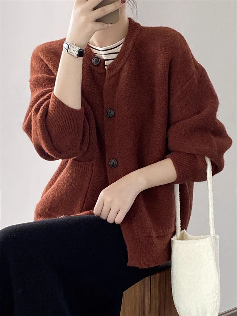 Giacca in maglia tinta unita per donna, stile medio-lungo, nuovo articolo autunno 2024, cardigan in maglia con scollo rotondo e tasca, ampio_voghion.com