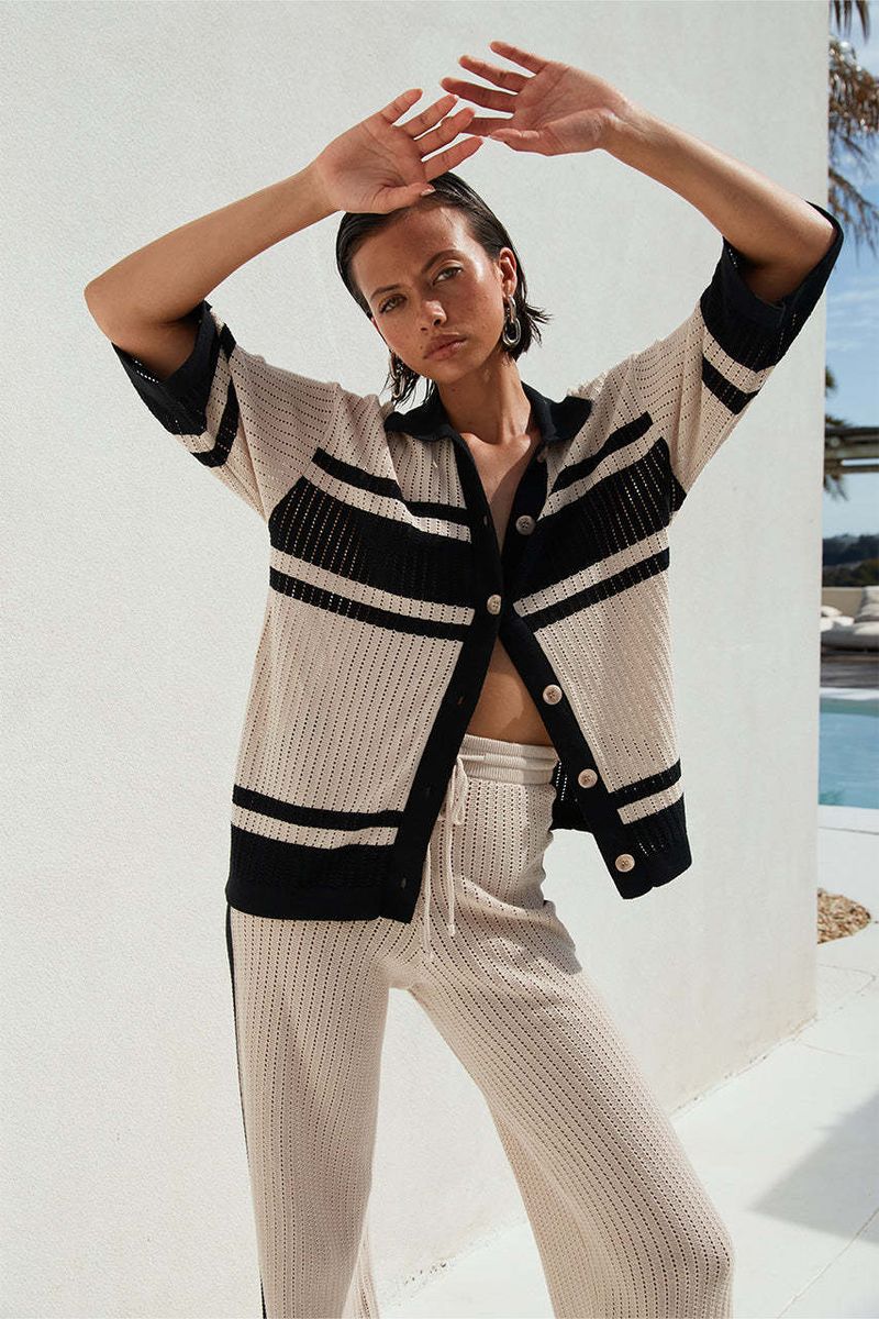 Women's Clothing Summer New Women's Clothing Fashion Hollow Striped Shirt Trousers Suit Knitted Two Piece Suit_voghion.com
