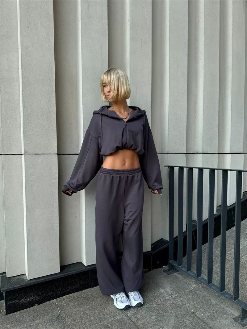 Conjunto de moletom com capuz e calça de moletom feminino casual - Pulôver de manga comprida com cordão, roupa de rua de duas peças (preto/cinza/marrom)_voghion.com