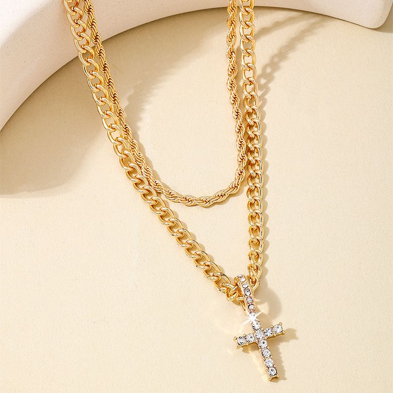Pezzo 1 Collana da donna con croce a doppio strato in stile cubano per banchetto, stile alla moda, per festa di fine anno_voghion.com