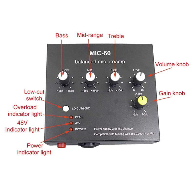 MIC-60 3-bånds equalizer balanceret mikrofonforforstærker med DC og kabel_voghion.com