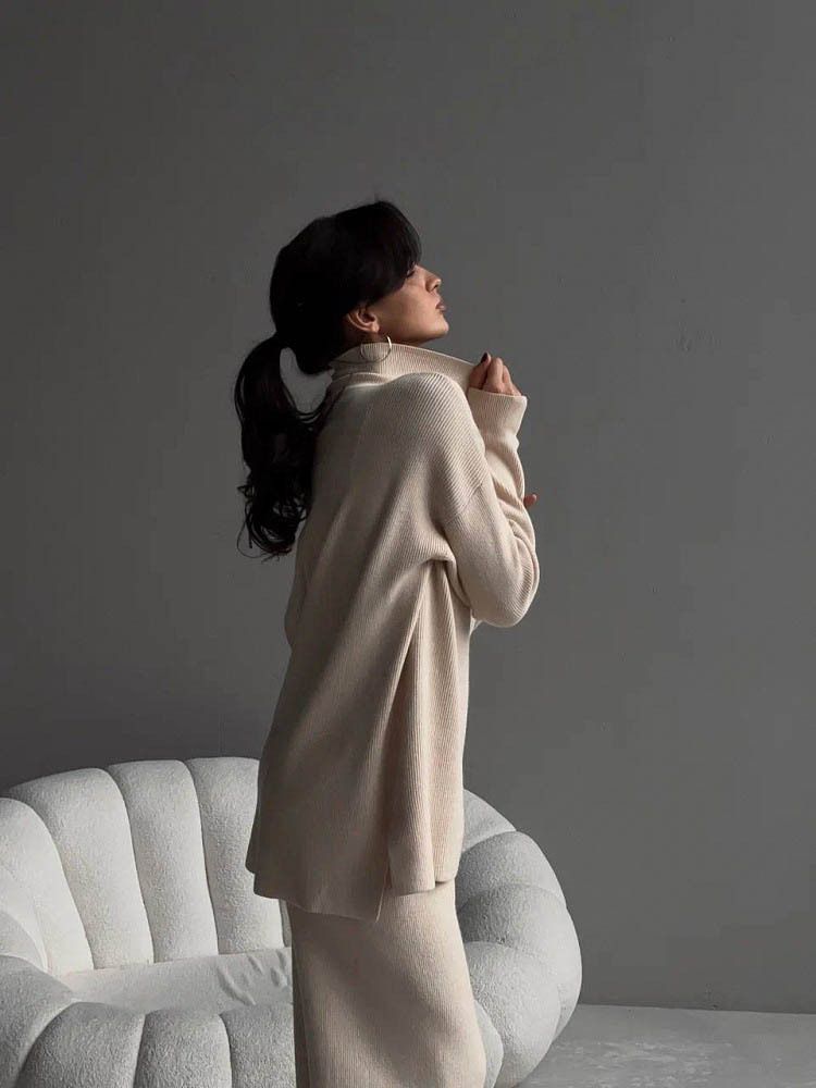 Women's High-Neck Knit Sweater & Pants Set - Long Sleeve Solid Color Lounge Outfit, Elegant Two-Piece Ensemble (Black/Beige, S/M/L/XL)_voghion.com